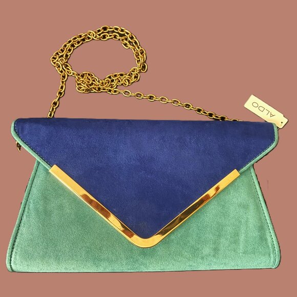 Aldo Color Block Teal and Cobalt Blue Suede Crossbody Clutch Gold Hardware NWT - Picture 11 of 12